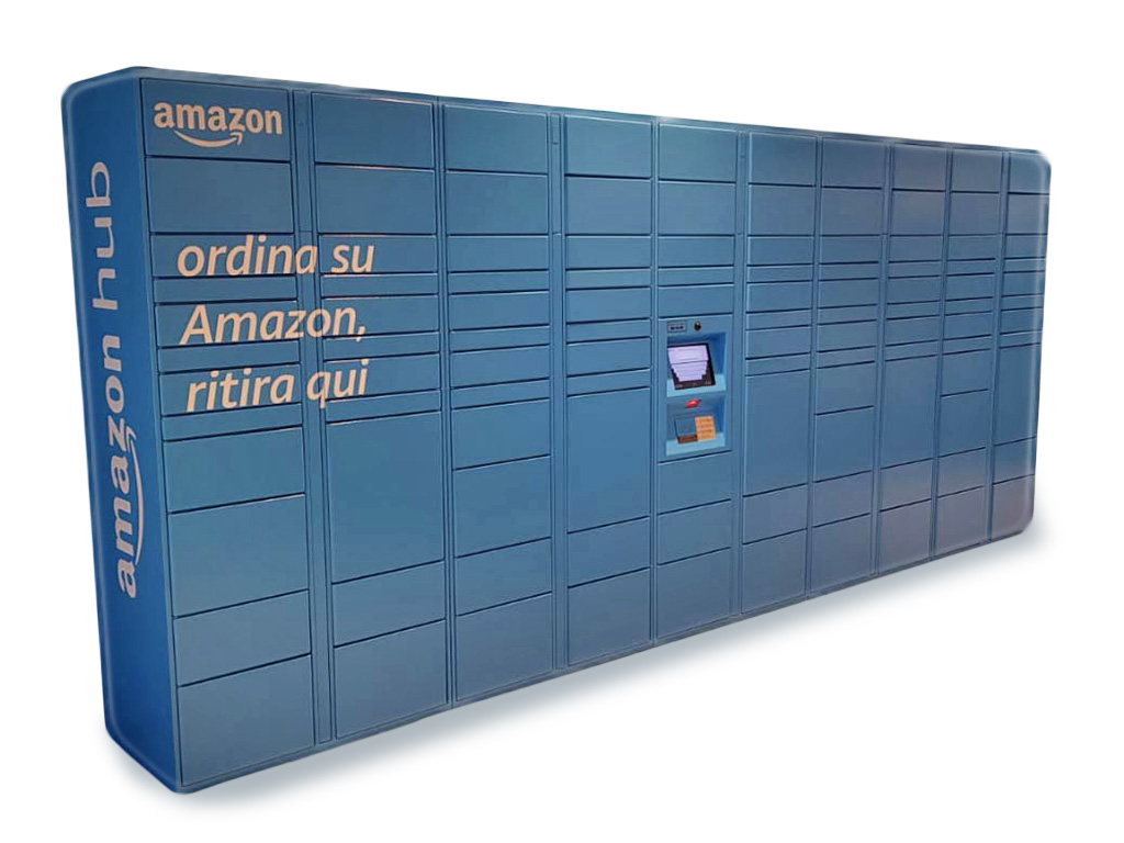 Amazon locker blu installato all’ingresso di un negozio